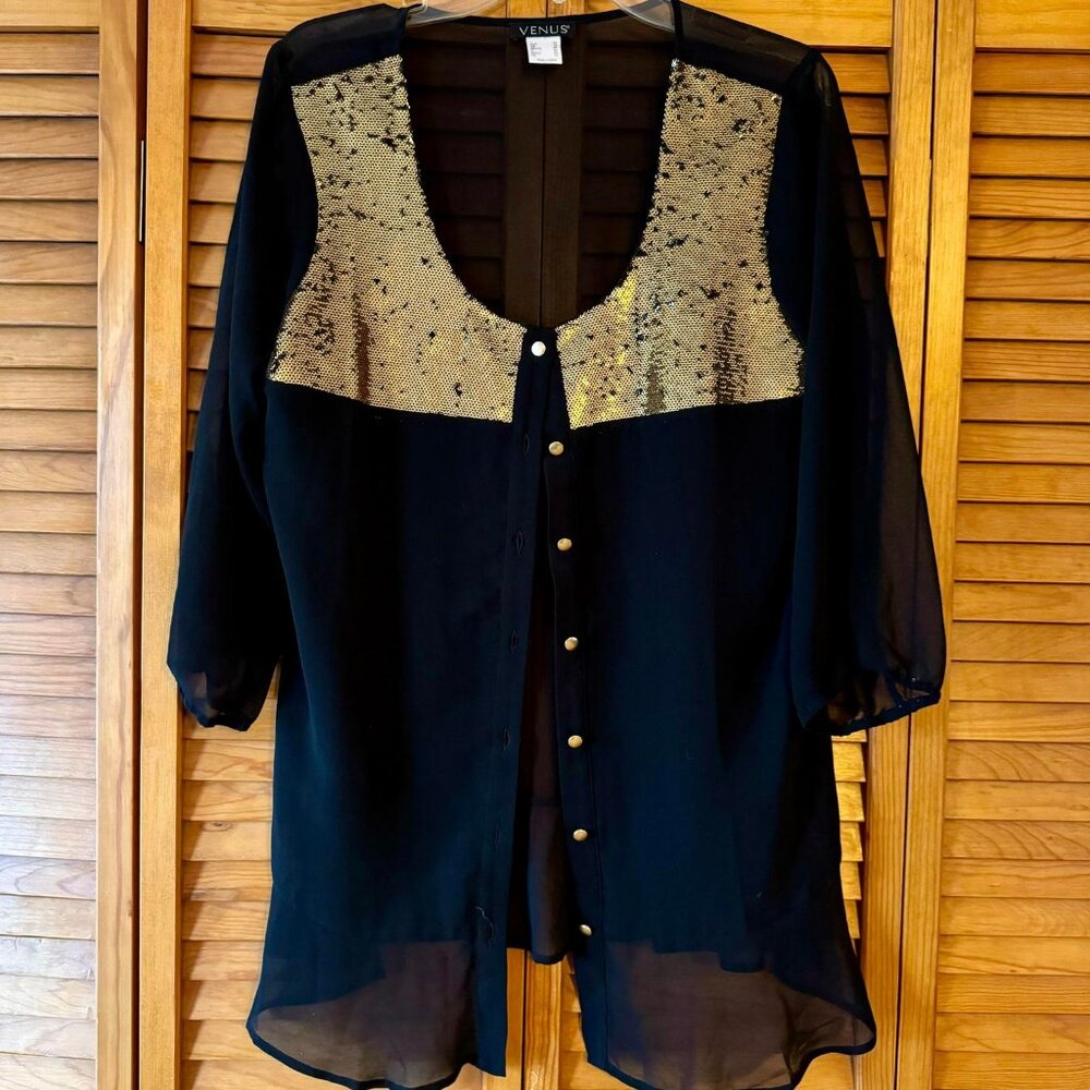 Venus Sheer Black Gold Sequin Blouse